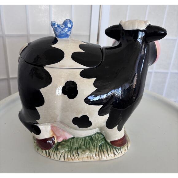 Cow Cookie Jar Farmhouse Country Kitchen Decor Ceramic Black White Apples - Picture 6 of 11